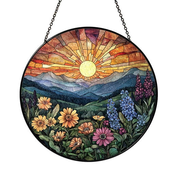 Floral Sunset Faux Stained Glass Window Cling, Double Sided Glossy Translucent Decorative Window Film, Botanical Landscape Home Decor