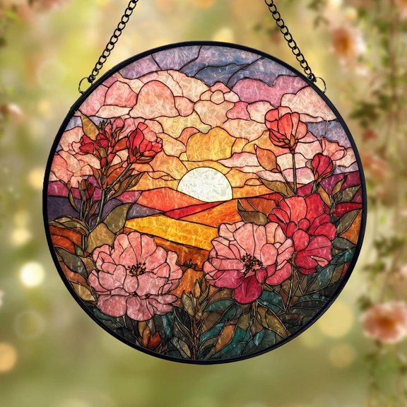 Floral Sunset Glass Suncatcher, Blooming Flower Window Art, Nature Home Decor, 7.9 in