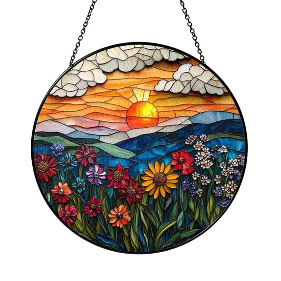 Floral Sunset Scene Stained Glass Circular Window Hanging