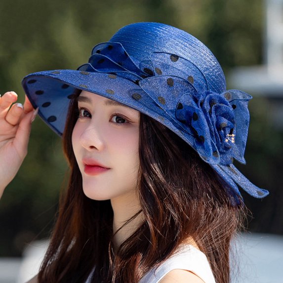Floral Sunshade Hat for Women Two-layer Design Polka Dot Bridal Fascinator Cocktail Tea Party Church Wedding Bucket Hat Summer Sun Hat Outings Beach Hat