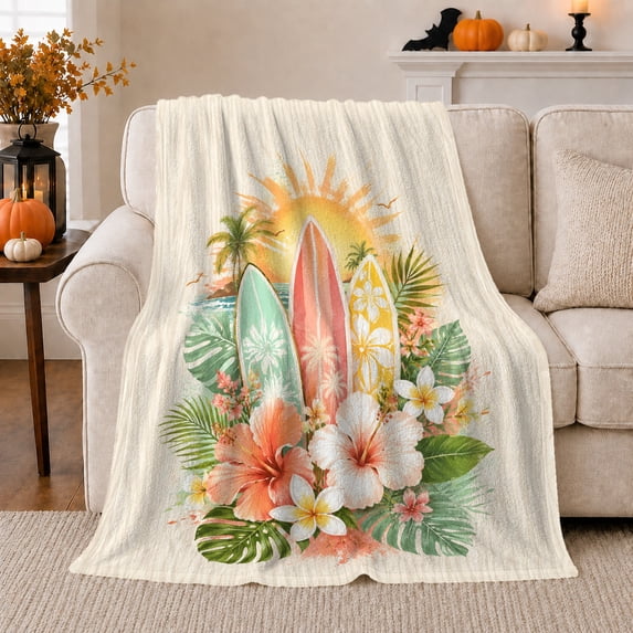 Floral Surfboards under Radiant Sun, Cheerful Tropical Style for Surf Lovers, Hibiscus Palm Beach Scene and Birthday Gift, Cozy Flannel Blanket for Sofa and Bedroom, Coastal Home Decor