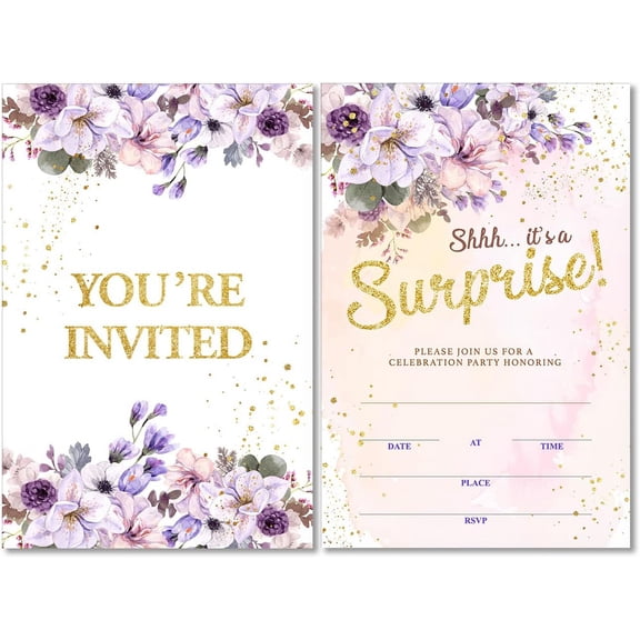 Floral Surprise Birthday Party Invitations with Envelopes Set of 20 Pink Gold It's a Invites for Women