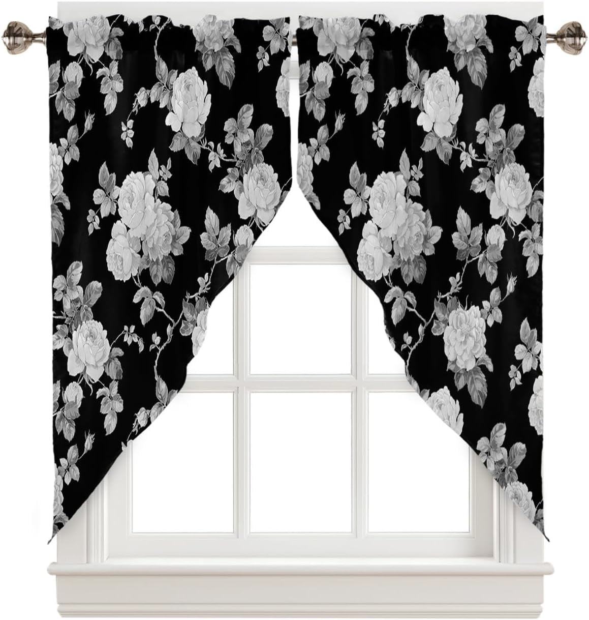 Floral Swag Valance Curtains Black and White Rose Flower Watercolor