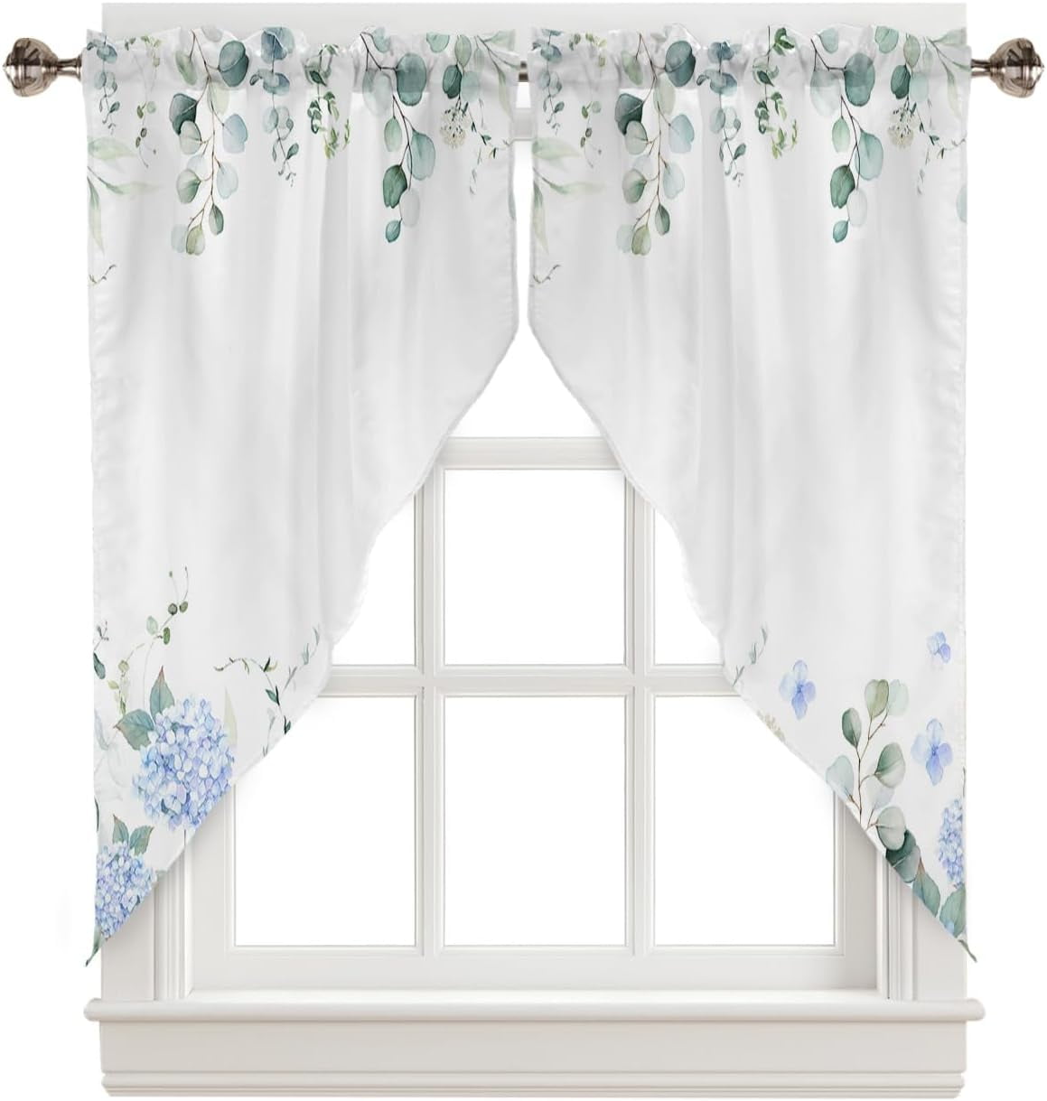Floral Swag Valance Curtains Eucalyptus Leaves Blue Hydrangea Flower