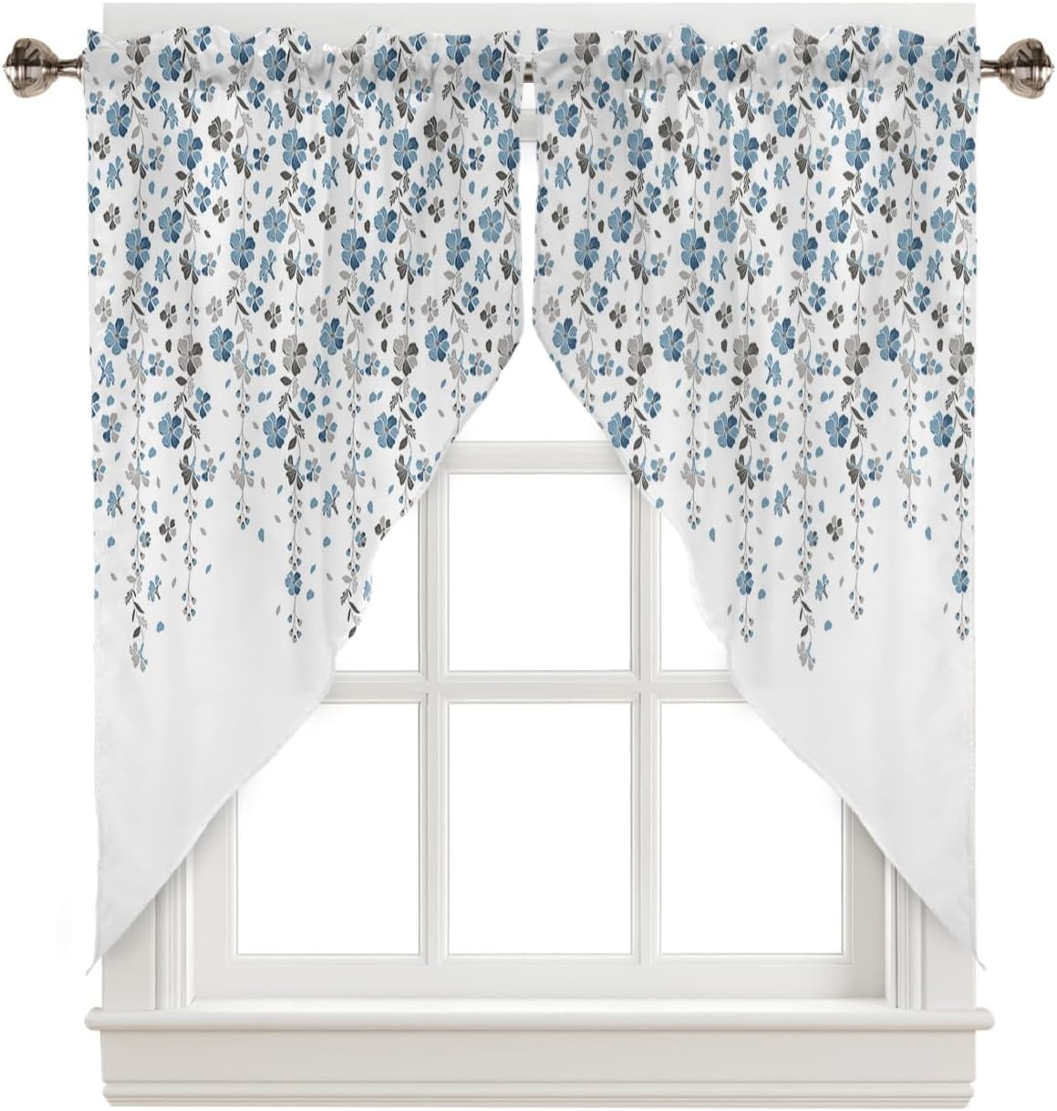 Floral Swag Valance Curtains Flower Blue Grey Cherry Blossoms White Background Rod Pocket