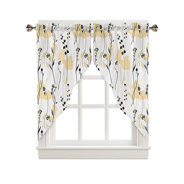 Floral Swag Valance Curtains Spring Yellow Flower Green Leaf Rod Pocket