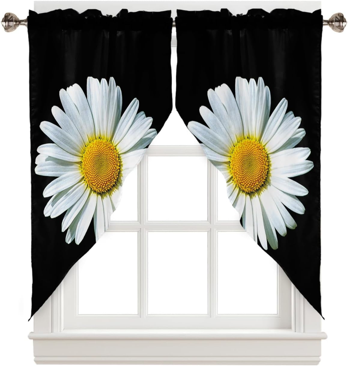 Floral Swag Valance Curtains White Daisy Black Background Rod Pocket Kitchen Curtains Scalloped