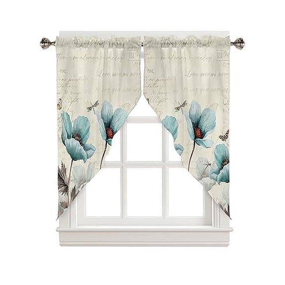 Floral Swag Valance Curtains Yellow Honey Bee Summer Flowers Gray Plaid Rod Pocket Kitchen Curtains Scalloped Window Treatment Valances Swag Curtains For Living Room 1 Pair 28"w X 36"l