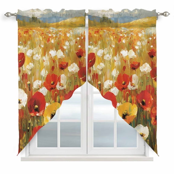 Floral Swag Valances for Windows 2 Pack Red White Poppy Sea Of Flowers Sky Lawn Oil Painting Swag Kitchen Curtains 36 Inches Long Rod Pocket Short Window Treatment for Kitchen Bathroom 36"x36"