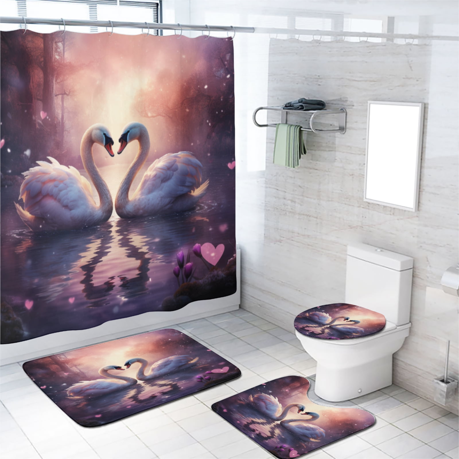 Floral Swan Shower Curtain Set Watercolor Spring Flower Dreamy Lake Romantic Couple with Non-Slip Rugs, Toilet Lid Cover and Bath Mat, Durable and Waterproof, for Bathroom Decor Set, 72x72 Inch