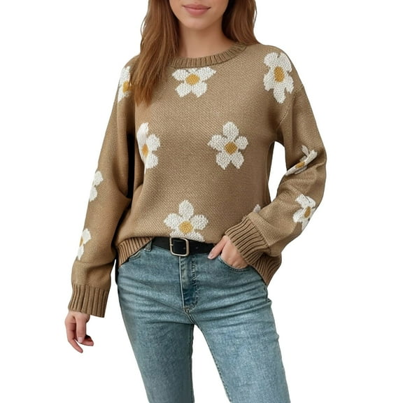 Floral Sweater For Women Trendy Long Sleeve Crew Neck Fall Casual Knit Pullover Shirt Drop Shoulder Jumpers
