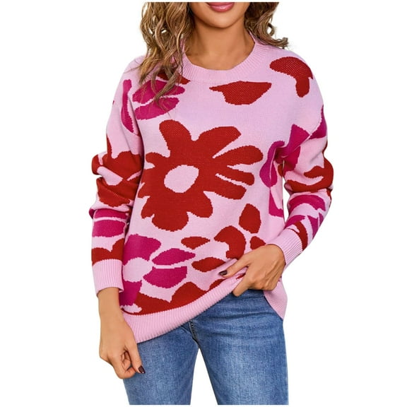 Floral Sweater for Women Crewneck Long Sleeve Knit Warm Pullover Tops Pink XL