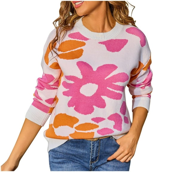 Floral Sweater for Women Crewneck Long Sleeve Knit Warm Pullover Tops White XL