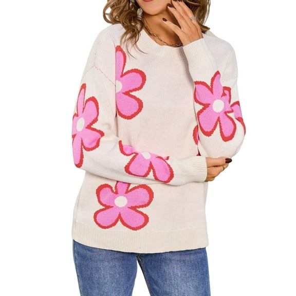 Floral Sweaters for Women Contrast Color Striped Crew Neck Long Sleeve Loose Knit Pullover Tops Apricot L
