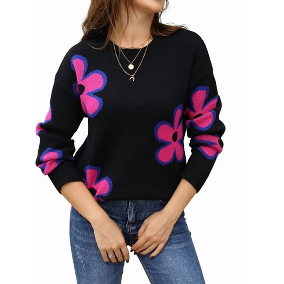 Floral Sweaters for Women Contrast Color Striped Crew Neck Long Sleeve Loose Knit Pullover Tops Black M