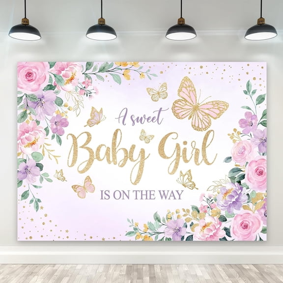 Floral Sweet Baby Girl Backdrop Butterfly Baby Shower Polyester Fabric Watercolor Flower Blooming Aesthetic Photography Background Newborn Table Decor Banner