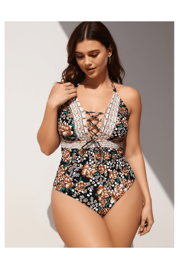 Floral Swimsuit for Women Vintage Halter One Piece Lace Trim Bathing Suit Retro Pin Up Swimwear Plus Size Summer Beach Pool