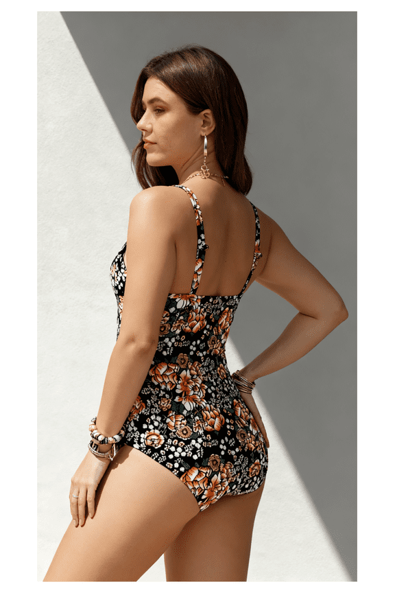Floral Swimsuit for Women Vintage Halter One Piece - Lace Trim Bathing Suit Retro Pin Up Swimwear UPF 50+ Classic Summer Beach Pool