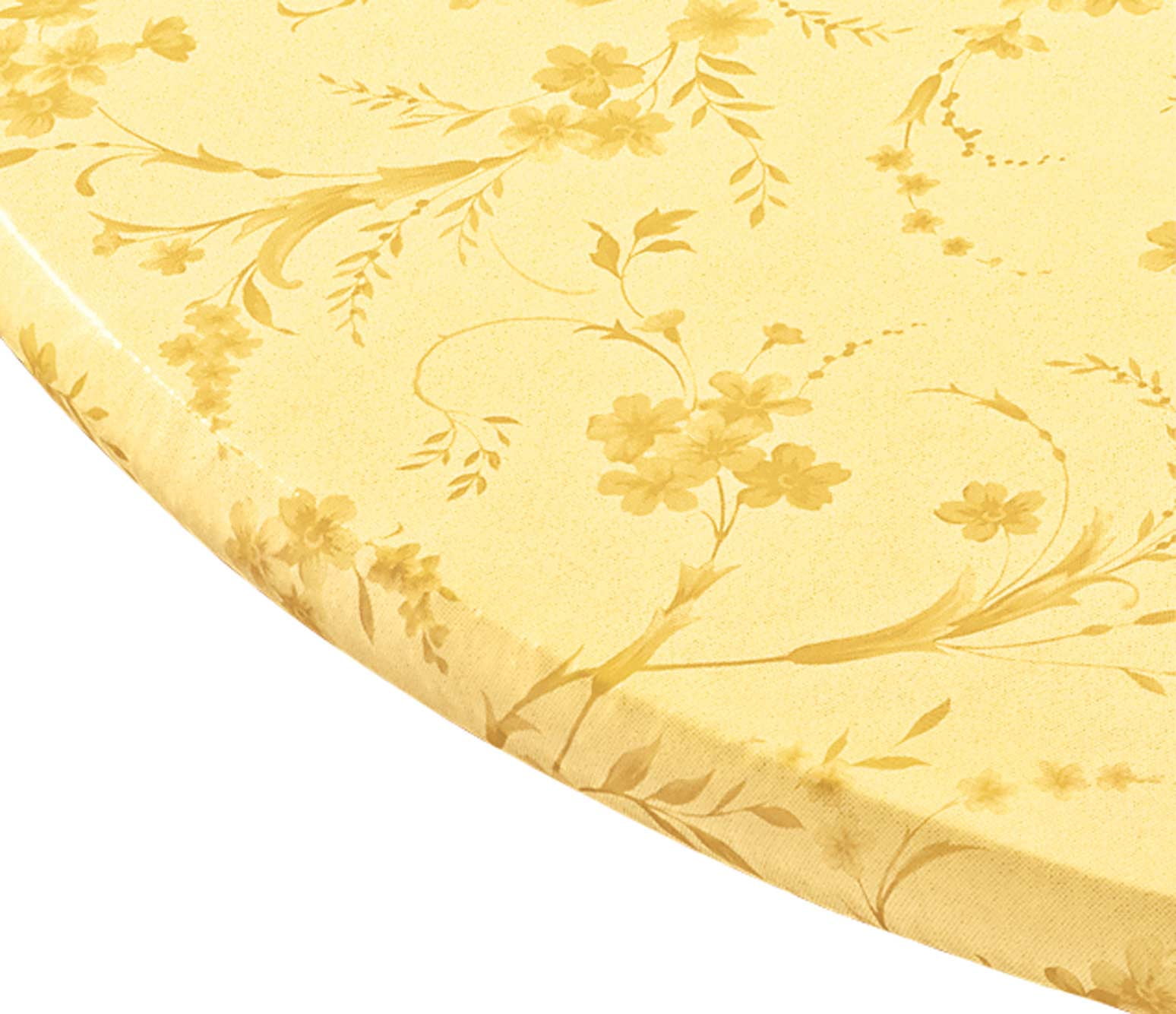 Yellow Floral Swirl Vinyl Elasticized Round Table Cover 45" - 56"