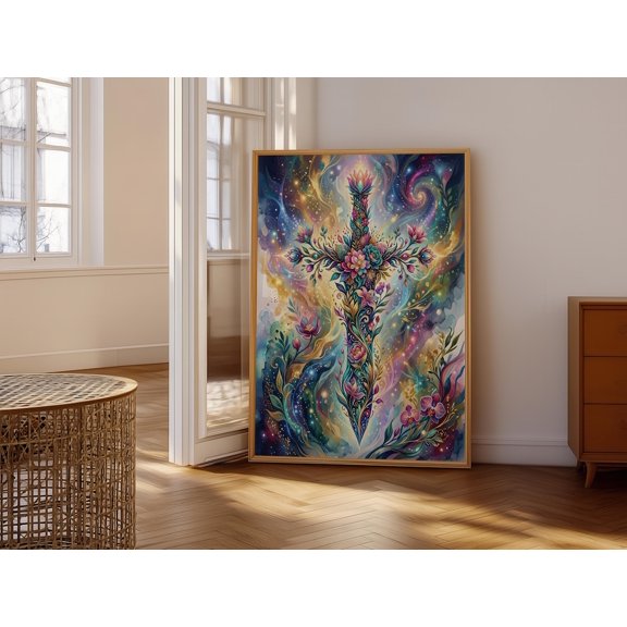 Floral Sword Cosmic Bloom Spiritual Wall Art Decor Unframed Paper Print