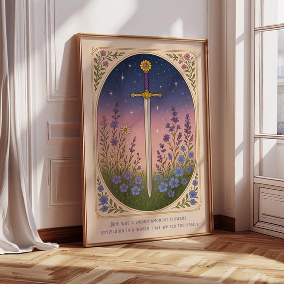 Floral Sword Print, She was a sword amongst flowers Quote, Girl Motivational Wall Art, Fantasy Sword Art, Purple Floral Poster, Friend Gift – Size 24x36 Unframed Poster