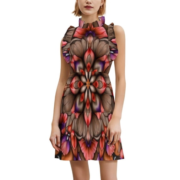 Floral Symmetrical Design Colors Vibrant Women's Fashion Casual Dress Summer Stand Up Collar Ruffles Sleeve Dress Elegant Dresses