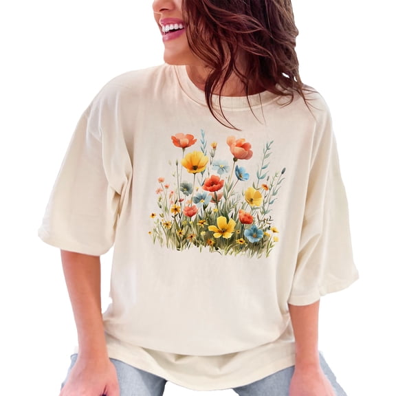 Floral T-Shirt, Colorful Flower Print Tee, Summer Garden Design, Unique Graphic Top, Casual Floral Shirt, Trendy Bloom T-Shirt, Ivory Comfort Colors T-Shirt, Medium