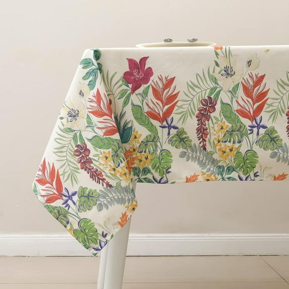 Floral Table Cloth Rectangle Table Fabric Tablecloth, Cotton Linen Washable Wrinkle Resistant Decorative Table Cover for Patio Kitchen Dining Parties, Indoor Outdoor(54" x 72")