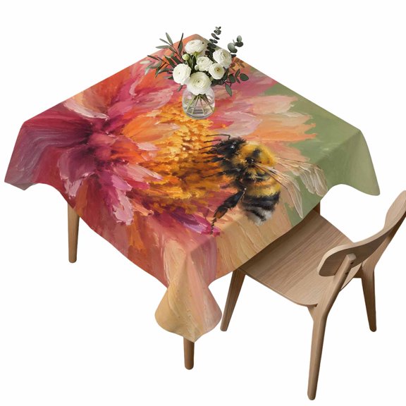 Floral Table Cloth, Waterproof Tablecloth for Square Tables, Pink Flowers Petals Bees Pastoral Botanical Green Washable Fabric Table Cover for Restaurant Kitchen Dining Tables 60"x60"