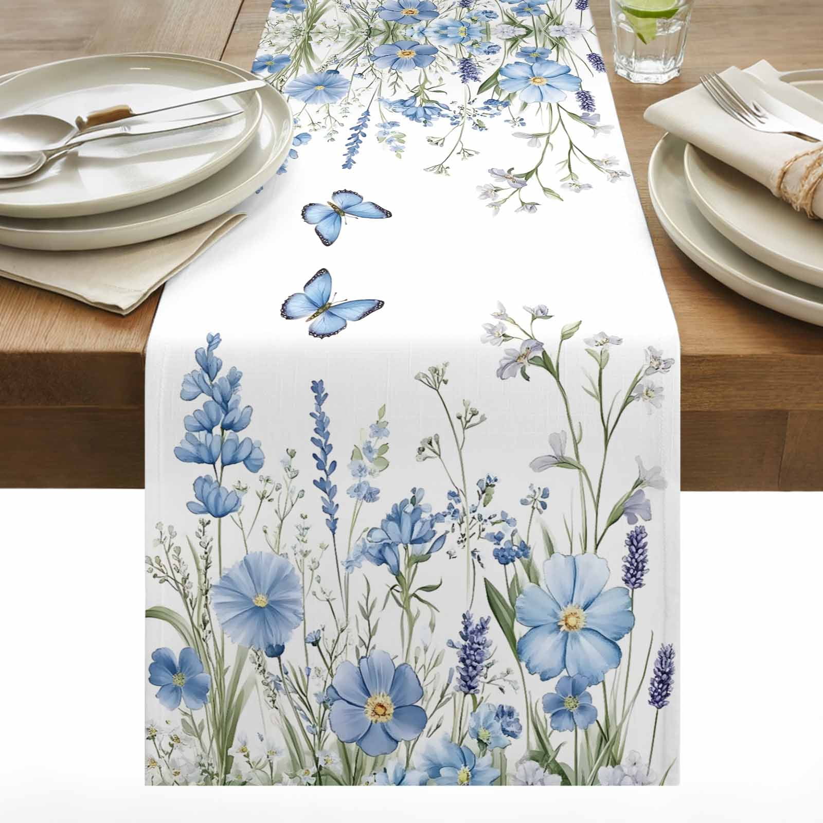 Floral Table Runner 13x120 inch Spring Blue Wildflowers Butterfly Botanical Scenery Cotton Linen Dining Table Runner Ideal for Dresser Kitchen Coffee Tables - Machine Washable