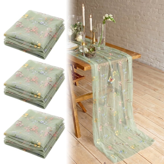 Floral Table Runner 30 x 118 in Embroidery Tulle Wildflower Table Runner Seasonal Kitchen Dining Decoration for Holiday Celebration Party 3 Pcs