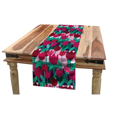 Floral Table Runner, Abstract Art Flower Polka Dotted Tulips on Geometric Background Illustration, Dining Room Kitchen Rectangular Runner, 3 Sizes, by Ambesonne