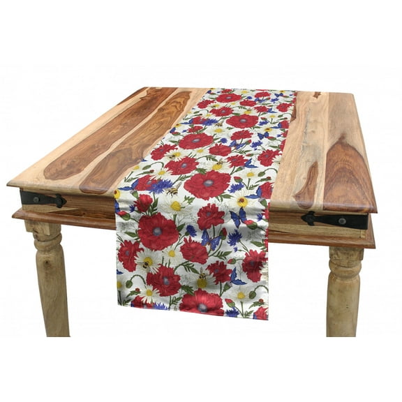 Floral Table Runner, Blooming Red Poppies Chamomile Ladybird and Daisies Bumblebee Bees and Butterflies, Dining Room Kitchen Rectangular Runner, 3 Sizes, by Ambesonne