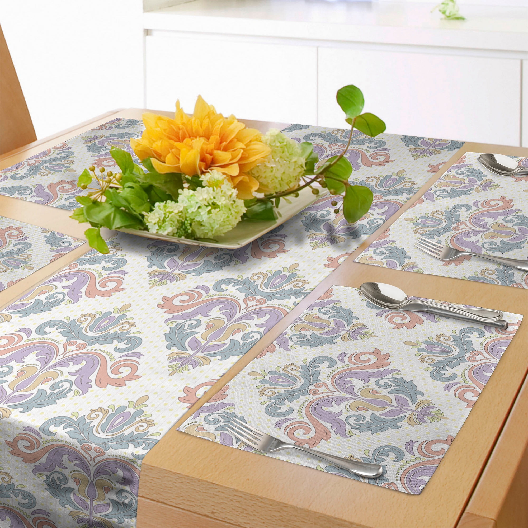 Floral Table Runner & Placemats, Inspired Modernized Damask Pastel