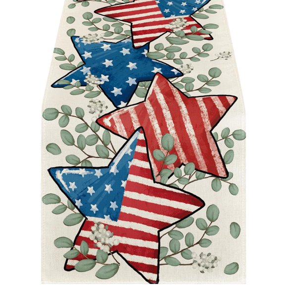 Floral Table Runner, Red White and Blue Decorations, White Linen Fabric, Blue Table Decor, 72X13 In, Independence Day, 1 Pc