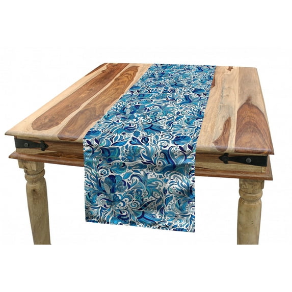 Floral Table Runner, Turkish Ceramic Art Swirled Nature Leaves Middle Eastern Design Print, Dining Room Kitchen Rectangular Runner, 3 Sizes, by Ambesonne