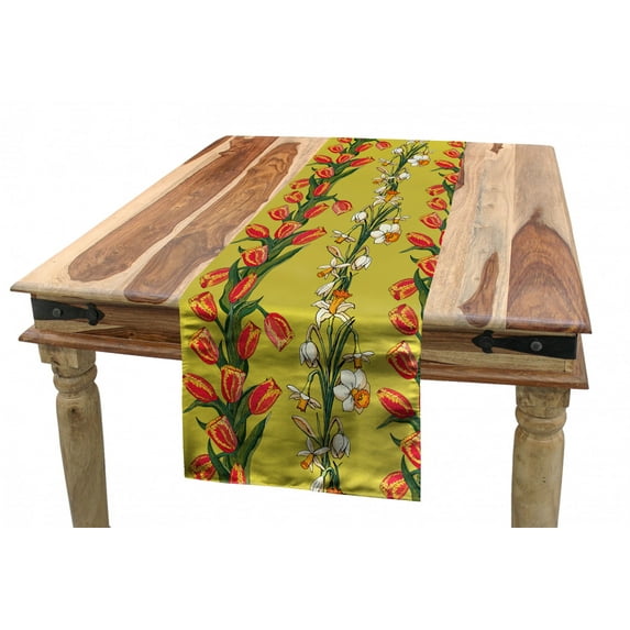 Floral Table Runner, Vertical Strips of Tulips and Daffodils Leafy Botanical, Dining Room Kitchen Rectangular Runner, 3 Sizes, by Ambesonne
