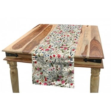 Floral Table Runner, Vibrant Colored Complex Image Birds with Roses Leaves and Polka Dots Nature Scenery, Dining Room Kitchen Rectangular Runner, 3 Sizes, by Ambesonne