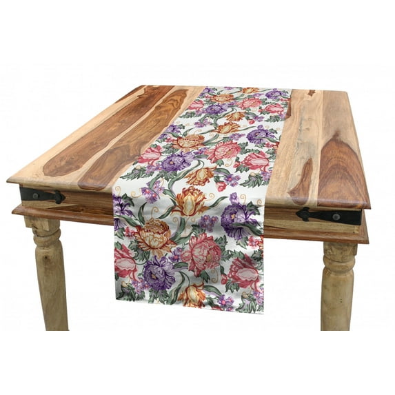 Floral Table Runner, Vintage Colorful Flowers and Curls on White Background Romantic Spring Pattern Print, Dining Room Kitchen Rectangular Runner, 3 Sizes, by Ambesonne