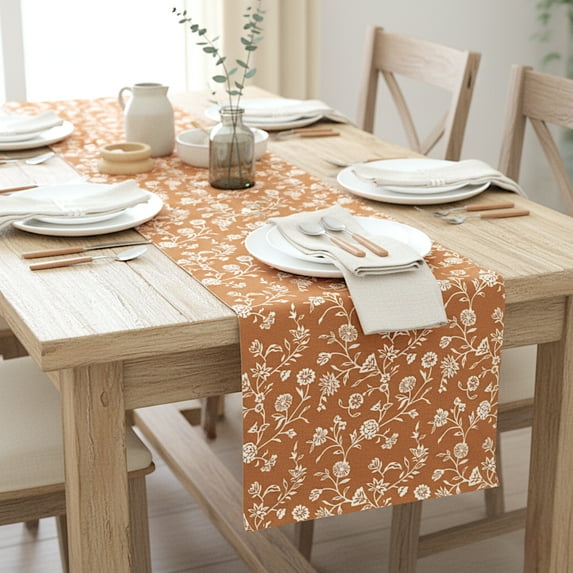 Floral Table Runner Vintage Flowers Botanical Design Rustic Vintage Grand Millennial Style Cotton Cloth Dining Table Runner For Kitchen Retro Home Decor Coffee Table Runner Cinnamon Brown 14x48 inch