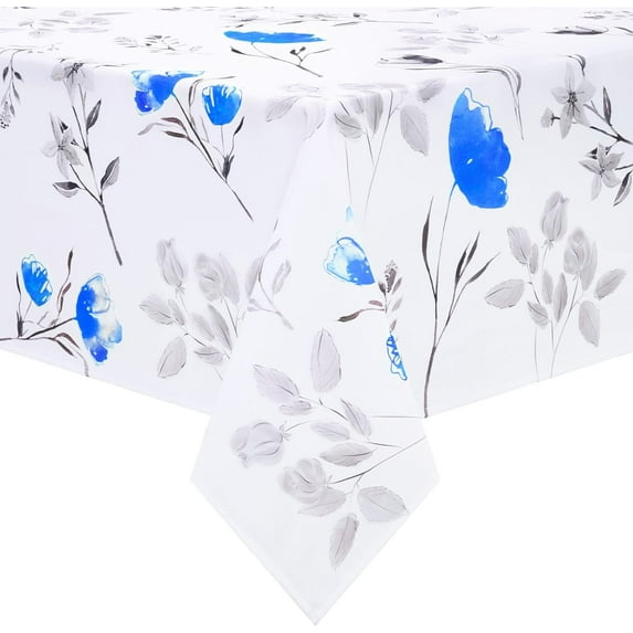 Floral Tablecloth 52x52 Inch Square, Flower Decoration Table Cloth for Spring Summer, Waterproof Fabric Wrinkle Free Table Cover for Kitchen, Dining Room, Party, Picnic, Camping, Blue