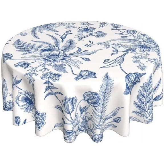 Floral Tablecloth 60 Inch Round Blue and White Table Cloth Waterproof Rustic with Wrinkle Resistant Blue Round Tablecloth for Picnic Party Home Dining Decor