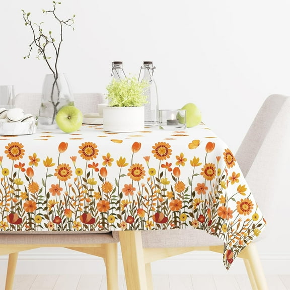 Floral Tablecloth 60 x 102 Inch Watercolor Flower Butterfly Table Cover Rectangle Waterproof Orange Flower Table Cloth for Home Indoor Outdoor Kitchen Dining Table