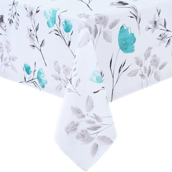 Floral Tablecloth 60x102 Inch Rectangle, Flower Decoration Table Cloth for Spring Summer, Waterproof Fabric Wrinkle Free Table Cover for Kitchen, Dining Room, Party, Picnic, Camping, Teal