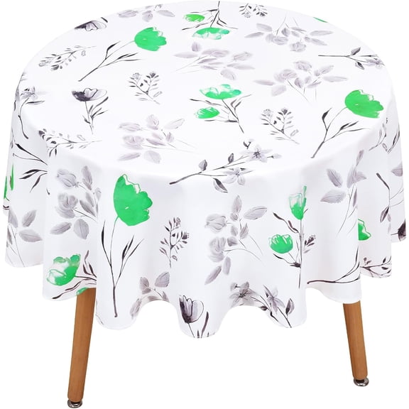 Floral Tablecloth 60x60 Inch Round, Flower Decoration Table Cloth for Spring Summer, Waterproof Fabric Wrinkle Free Table Cover for Kitchen, Dining Room, Party, Picnic, Camping, Green