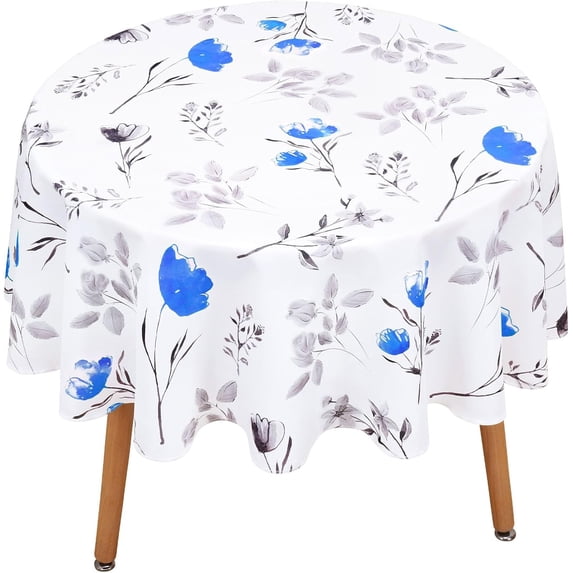 Floral Tablecloth 60x60 Inch Round, Flower Decoration Table Cloth for Spring Summer, Waterproof Fabric Wrinkle Free Table Cover for Kitchen, Dining Room, Party, Picnic, Camping, Blue