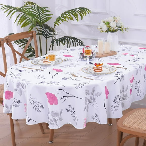 Floral Tablecloth 60x84 Inch Oval, Flower Decoration Table Cloth for Spring Summer, Waterproof Fabric Wrinkle Free Table Cover for Kitchen, Dining Room, Party, Picnic, Camping, Teal