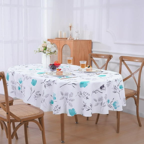 Floral Tablecloth 60x84 Inch Oval, Flower Decoration Table Cloth for Spring Summer, Waterproof Fabric Wrinkle Free Table Cover for Kitchen, Dining Room, Party, Picnic, Camping, Teal