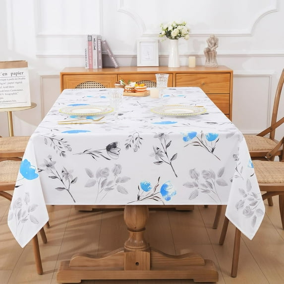 Floral Tablecloth 60x84 Inch Oval, Flower Decoration Table Cloth for Spring Summer, Waterproof Fabric Wrinkle Free Table Cover for Kitchen, Dining Room, Party, Picnic, Camping, Teal