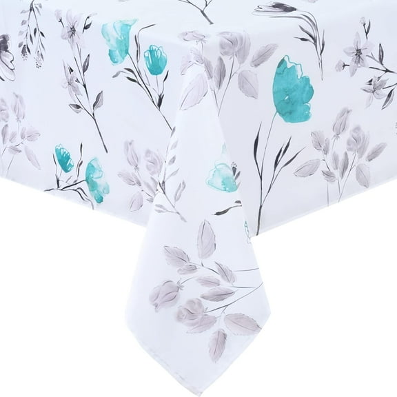 Floral Tablecloth 60x84 Inch Rectangle, Flower Decoration Table Cloth for Spring Summer, Waterproof Fabric Wrinkle Free Table Cover for Kitchen, Dining Room, Party, Picnic, Camping, Teal
